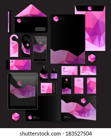 Abstract polygonal business set. Geometric, triangles. Corporate identity templates: blank, business cards, badge, envelope, pen, Folder for documents, Tablet PC,  Mobile Phone