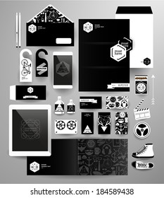 Abstract polygonal business set. Geometric, triangles. Corporate identity templates: blank, business cards, badge, envelope, pen, Folder for documents, Tablet PC,  Mobile Phone