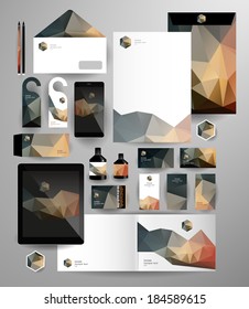 Abstract polygonal business set. Geometric, triangles. Corporate identity templates: blank, business cards, badge, envelope, pen, Folder for documents, Tablet PC,  Mobile Phone