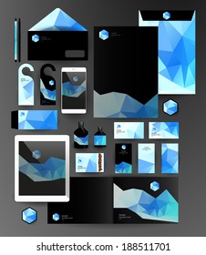 Abstract polygonal business set. Geometric, triangles. Corporate identity templates: blank, business cards, badge, envelope, pen, Folder for documents, Tablet PC,  Mobile Phone