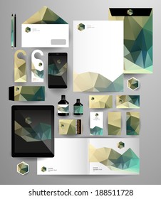 Abstract polygonal business set. Geometric, triangles. Corporate identity templates: blank, business cards, badge, envelope, pen, Folder for documents, Tablet PC,  Mobile Phone