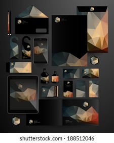 Abstract polygonal business set. Geometric, triangles. Corporate identity templates: blank, business cards, badge, envelope, pen, Folder for documents, Tablet PC,  Mobile Phone