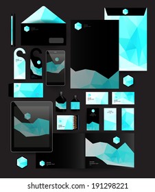 Abstract polygonal business set. Geometric, triangles. Corporate identity templates: blank, business cards, badge, envelope, pen, Folder for documents, Tablet PC,  Mobile Phone