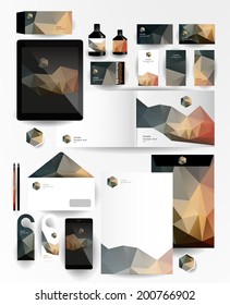 Abstract polygonal business set. Geometric, triangles. Corporate identity templates: blank, business cards, badge, envelope, pen, Folder for documents, Tablet PC,  Mobile Phone