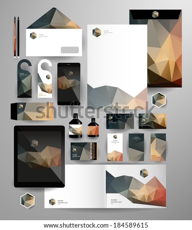 Abstract polygonal business set. Geometric, triangles. Corporate identity templates: blank, business cards, badge, envelope, pen, Folder for documents, Tablet PC,  Mobile Phone