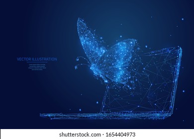 Abstract polygonal butterfly flies out display of laptop. Blue low poly wireframe digital vector illustration. Freedom and faster internet connection concept. Polygons, particles and connected dots.