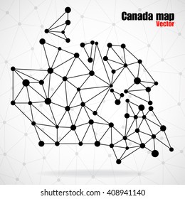 Abstract polygonal Canada map with dots and lines, network connections, vector illustration