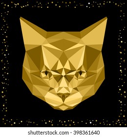 Abstract polygonal cartoon gold cat. Golden texture cat portrait. Cat isolated on black cover for use in design for card, invitation, poster, banner, placard, note book, album, sketch book. 