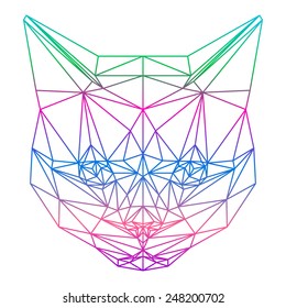 Abstract polygonal cat. Cat portrait drawn in one continuous gradient line. Cat low poly portrait for card, banner, placard, book. Geometric cat head design. Cat silhouette isolated on white cover.