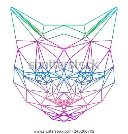 Abstract polygonal cat. Cat portrait drawn in one continuous gradient line. Cat low poly portrait for card, banner, placard, book. Geometric cat head design. Cat silhouette isolated on white cover.