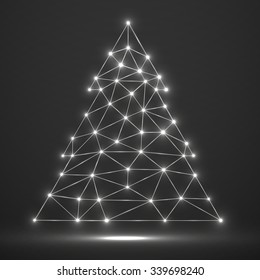 Abstract polygonal Christmas tree with glowing dots and lines, network connections. Vector illustration. Eps 10