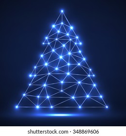 Abstract polygonal Christmas tree with glowing dots and lines, network connections. Vector illustration. Eps 10