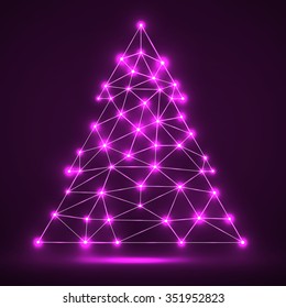 Abstract polygonal Christmas tree with glowing dots and lines, network connections. Vector illustration. Eps 10
