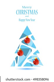 Abstract polygonal Christmas tree vector illustration isolated on white background made of blue triangles with red balls. Seasonal greeting card design.
