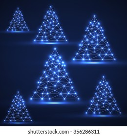 Abstract polygonal Christmas trees with glowing dots and lines, network connections. Vector illustration. Eps 10