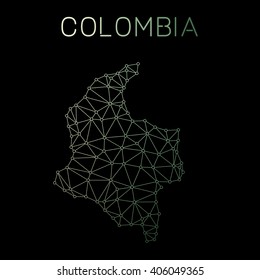 Abstract polygonal Colombia network map design. Map of Colombia network connections. Vector illustration.