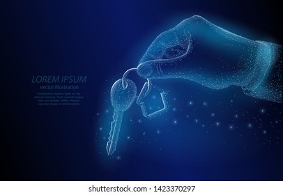 Abstract polygonal concept illustration, hand with key on a dark blue background.