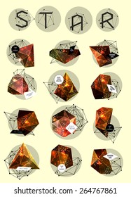 Abstract polygonal cosmic crystal and label. Elements of astronomy and constellation. Cosmic style. low poly illustration