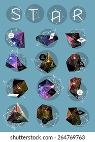 Abstract polygonal cosmic crystal and label. Elements of astronomy and constellation. Cosmic style. low poly illustration