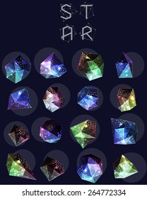 Abstract polygonal cosmic crystal and label. Elements of astronomy and constellation. Cosmic style. low poly illustration