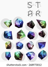 Cristal e rótulo cósmico poligonal abstrato. Elementos de astronomia e constelação. Estilo cósmico. ilustração poli baixo