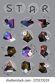 Abstract polygonal cosmic crystal and label. Elements of astronomy and constellation. Cosmic style. low poly illustration