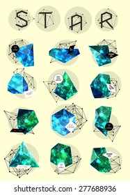 Abstract polygonal cosmic crystal and label. Elements of astronomy and constellation. Cosmic style. low poly illustration