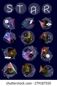 Abstract polygonal cosmic crystal and label. Elements of astronomy and constellation. Cosmic style. low poly illustration