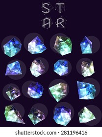 Abstract polygonal cosmic crystal and label. Elements of astronomy and constellation. Cosmic style. low poly illustration