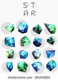 Abstract polygonal cosmic crystal and label. Elements of astronomy and constellation. Cosmic style. low poly illustration