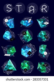 Abstract polygonal cosmic crystal and label. Elements of astronomy and constellation. Cosmic style. low poly illustration