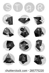 Abstract polygonal cosmic crystal and label. Elements of astronomy and constellation. Cosmic style. low poly illustration