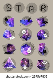 Cristal e rótulo cósmico poligonal abstrato. Elementos de astronomia e constelação. Estilo cósmico. ilustração poli baixo