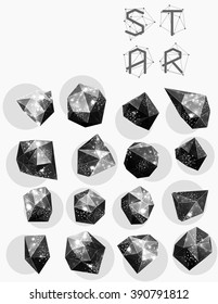 Abstract polygonal cosmic crystal and label. Elements of astronomy and constellation. Cosmic style. low poly illustration