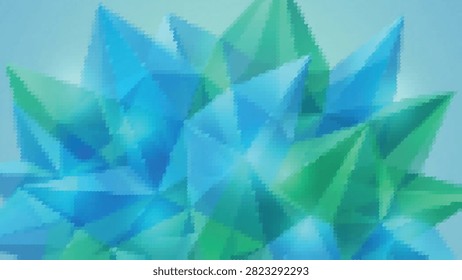 Abstract polygonal crystal flower shapes, cold icy blue gradient facets, artistic stippled mosaic leaf pattern