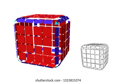 Abstract polygonal cube with cuts. Isolated on white background. 3d Vector illustration.