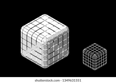 Abstract polygonal cube with cuts. Isolated on black background. 3d Vector illustration. Isometric projection.