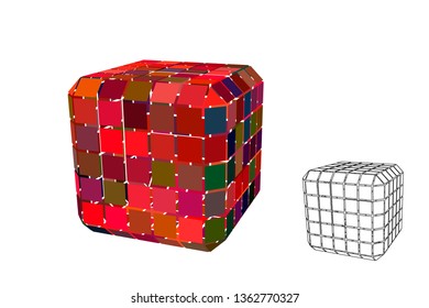 Abstract polygonal cube with cuts. Isolated on white background. 3d Vector illustration.