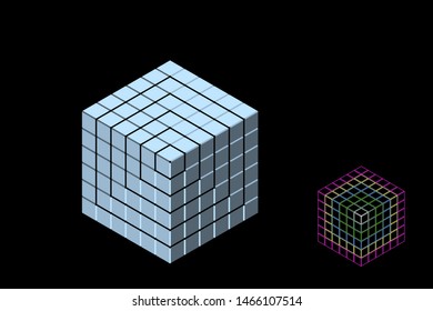 Abstract polygonal cube with cuts. Isolated on black background. 3d Vector illustration. Isometric projection.
