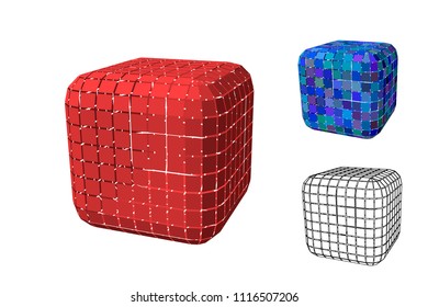 Abstract polygonal cube with cuts set. Isolated on white background. 3d Vector illustration.