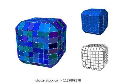 Abstract polygonal cube with cuts set. Isolated on white background. 3d Vector illustration.