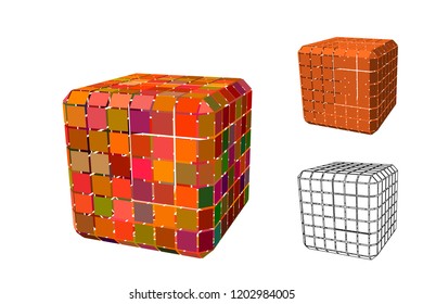 Abstract polygonal cube with cuts set. Isolated on white background. 3d Vector illustration.
