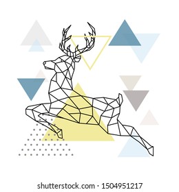 Abstract polygonal deer illustration. Flying Reindeer with side view. Scandinavian style Poster. Vector illustration.