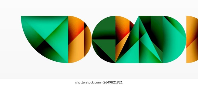 Abstract polygonal design. Geometric shapes blend green, orange, black hues. Modern minimalist aesthetic. Clean lines create dynamic composition.