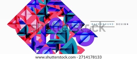 Abstract polygonal design. Vibrant purple, blue, pink hues create dynamic composition. Modern geometric shapes suggest depth, texture.