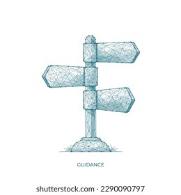 Resumen de la señal de la carretera de dirección poligonal con flecha. Signo de cruce digital aislado en fondo blanco. Opción de esmalte de baja polilla de la ilustración vectorial de dirección. Concepto de orientación en polígonos.