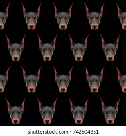 Abstract polygonal doberman dog seamless background. Modern low poly doberman dog portrait pattern for design textile, t shirt, veterinary clinic poster, gift card, art workshop advertising etc.