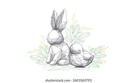 Abstract polygonal Easter rabbit and chicken in grass and flowers. Low poly wireframe Easter Bunny. Tech hare and chick isolated on white technology background. Digital vector illustration