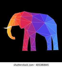Abstract polygonal elephant. Geometric triangle low poly elephant painted in imaginary rainbow color for card, invitation, book, placard, banner.  Wildlife, animals, nature theme. Elephant icon