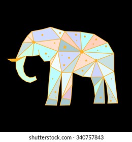 Abstract polygonal elephant isolated on black background. Side view. Futuristic cover painted in imaginary colors for use in design for card, invitation, poster, placard, banner